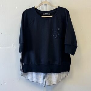 March Sport Navy Blue Beaded Mixed Media Striped Hem Top Sweatshirt Sz 46 14 US